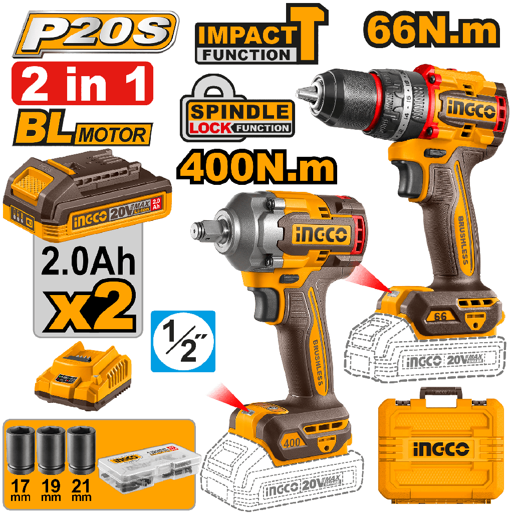 COMBO LLAVE IMPACTO INALAMBRICA 12.7 mm 20 V 400 N.m + TALADRO
