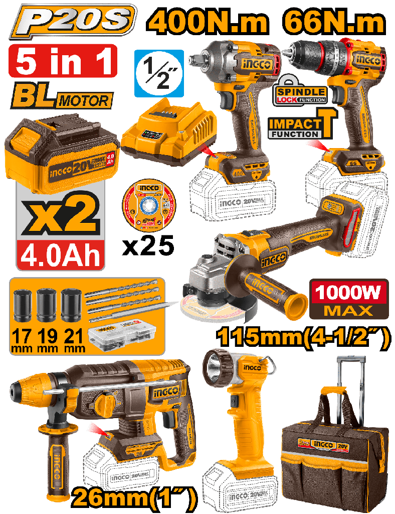 COMBO 5 HERRAMIENTAS INDUSTRIAL 20V