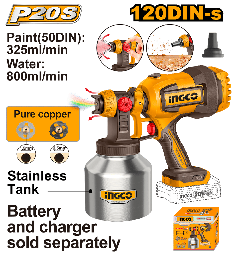 PISTOLA DE PINTAR 20V FLUJO 800ML/MIN TANQUE INOX.