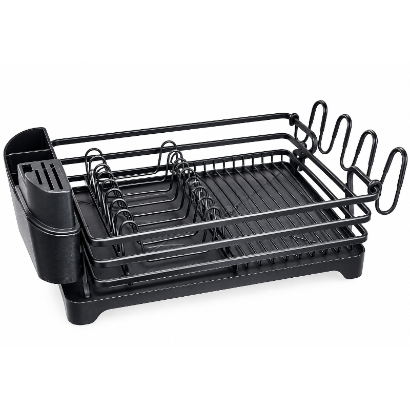 ESCURRIDOR DE PLATOS NEGRO DE ALUMINIO CON PORTA CUBIERTOS, CUCHILLO Y VASOS