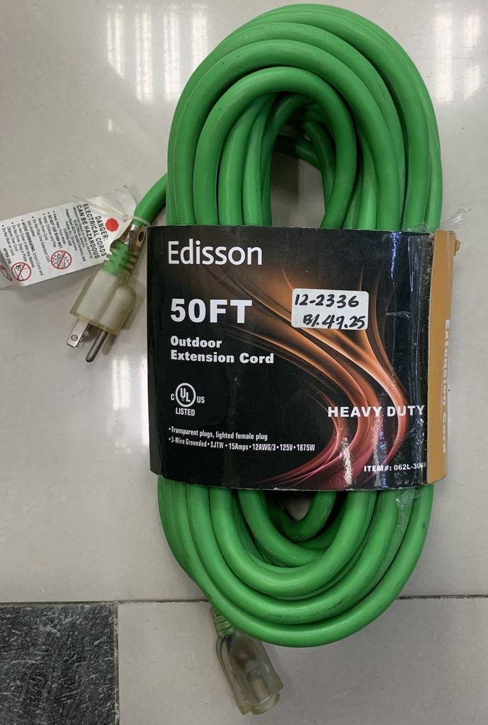 EXTENSION ELECTRICA 12AWG 3C 15AMP-125V-1875W 50'FT VERDE EDISSON