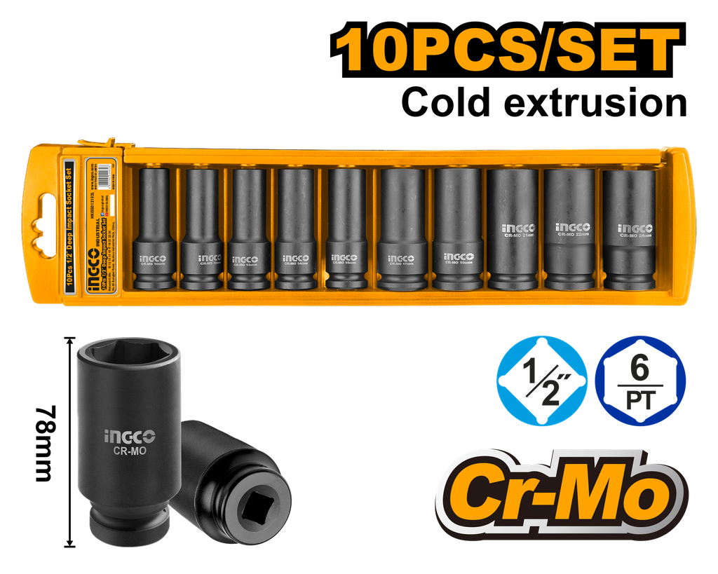 SOCKET DE IMPACTO 1/2" 78MM SET 10 PCS