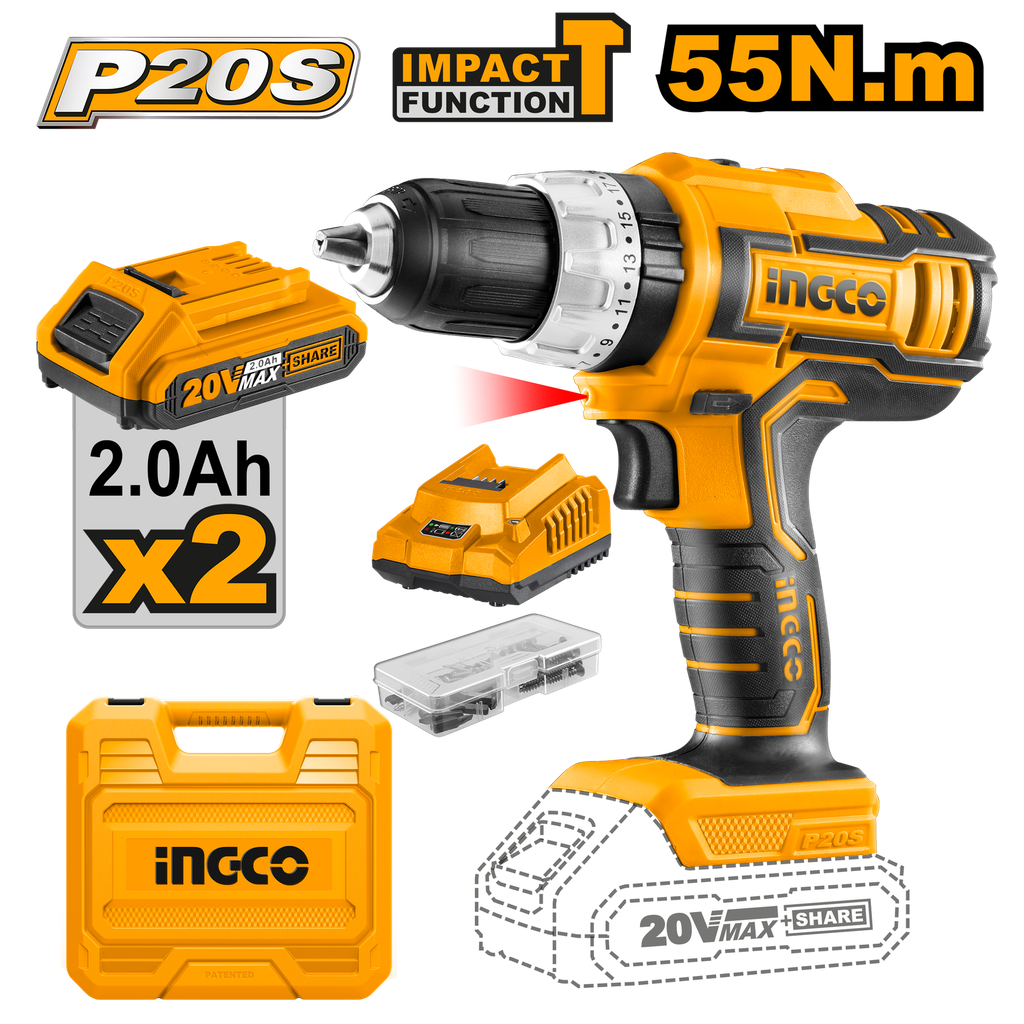 TALADRO IMPACTO 3/8 LIT-ION INALAMBRICO 20V INGCO
