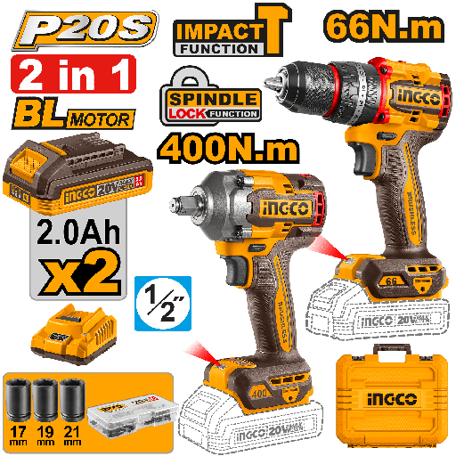 [UCKLI20275] COMBO LLAVE IMPACTO INALAMBRICA 12.7 mm 20 V 400 N.m + TALADRO