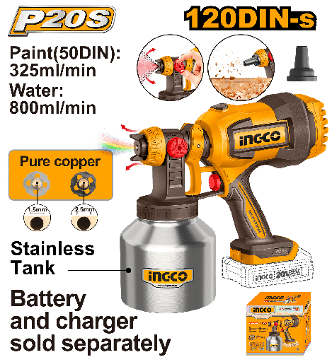 [CSGLI20041] PISTOLA DE PINTAR 20V FLUJO 800ML/MIN TANQUE INOX.